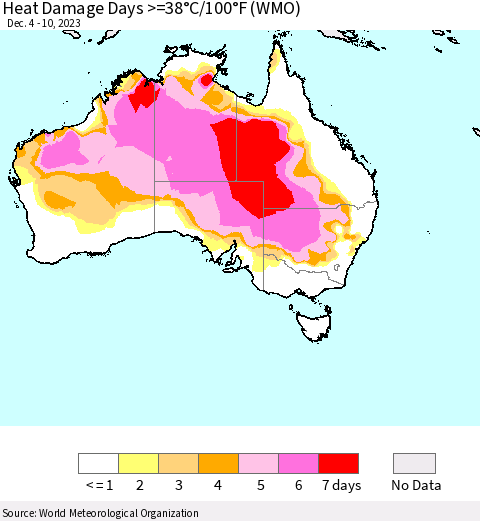Australia Heat Damage Days >=38°C/100°F (WMO) Thematic Map For 12/4/2023 - 12/10/2023