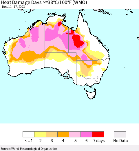 Australia Heat Damage Days >=38°C/100°F (WMO) Thematic Map For 12/11/2023 - 12/17/2023