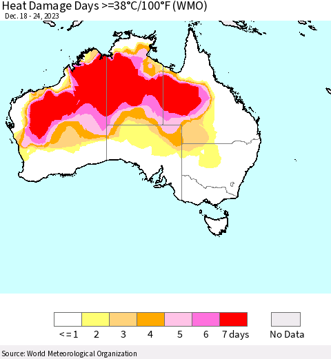 Australia Heat Damage Days >=38°C/100°F (WMO) Thematic Map For 12/18/2023 - 12/24/2023