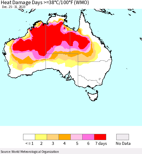 Australia Heat Damage Days >=38°C/100°F (WMO) Thematic Map For 12/25/2023 - 12/31/2023