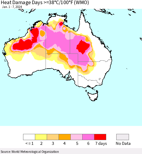 Australia Heat Damage Days >=38°C/100°F (WMO) Thematic Map For 1/1/2024 - 1/7/2024