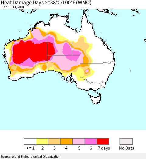 Australia Heat Damage Days >=38°C/100°F (WMO) Thematic Map For 1/8/2024 - 1/14/2024