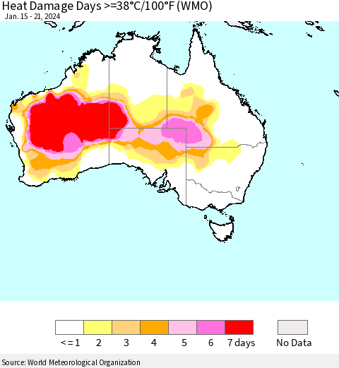 Australia Heat Damage Days >=38°C/100°F (WMO) Thematic Map For 1/15/2024 - 1/21/2024