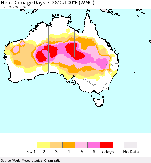 Australia Heat Damage Days >=38°C/100°F (WMO) Thematic Map For 1/22/2024 - 1/28/2024