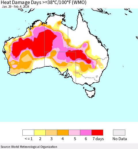 Australia Heat Damage Days >=38°C/100°F (WMO) Thematic Map For 1/29/2024 - 2/4/2024
