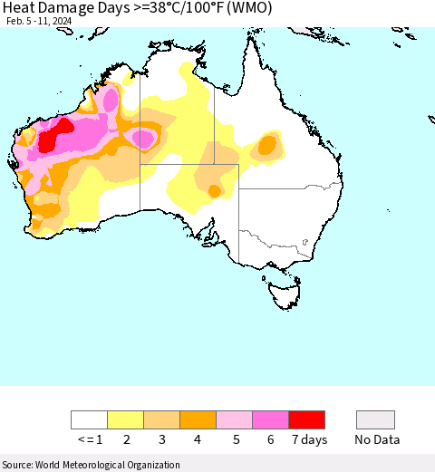 Australia Heat Damage Days >=38°C/100°F (WMO) Thematic Map For 2/5/2024 - 2/11/2024