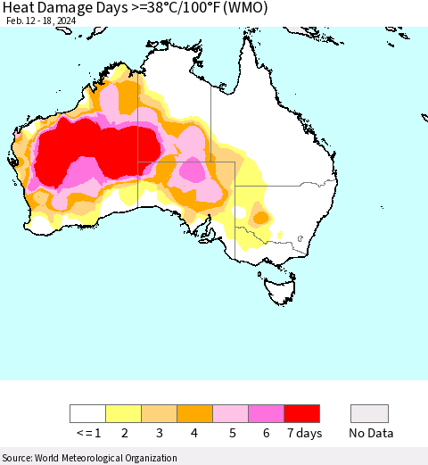 Australia Heat Damage Days >=38°C/100°F (WMO) Thematic Map For 2/12/2024 - 2/18/2024