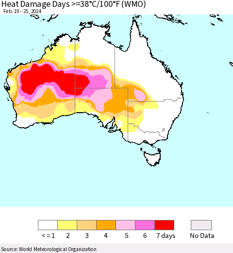 Australia Heat Damage Days >=38°C/100°F (WMO) Thematic Map For 2/19/2024 - 2/25/2024