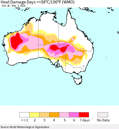 Australia Heat Damage Days >=38°C/100°F (WMO) Thematic Map For 2/26/2024 - 3/3/2024