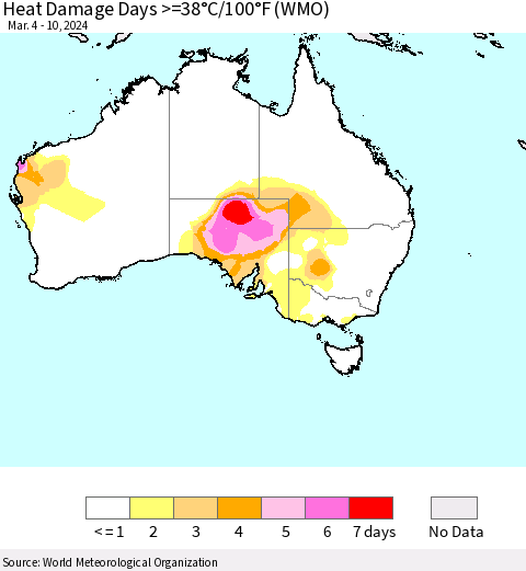 Australia Heat Damage Days >=38°C/100°F (WMO) Thematic Map For 3/4/2024 - 3/10/2024