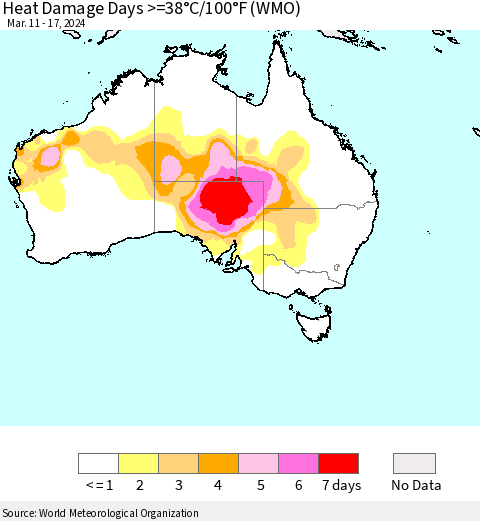 Australia Heat Damage Days >=38°C/100°F (WMO) Thematic Map For 3/11/2024 - 3/17/2024