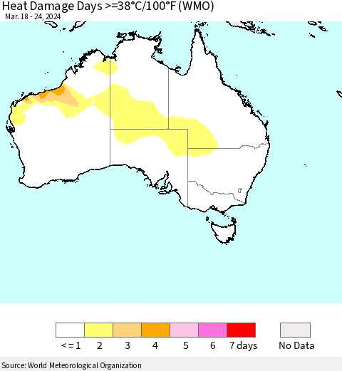 Australia Heat Damage Days >=38°C/100°F (WMO) Thematic Map For 3/18/2024 - 3/24/2024