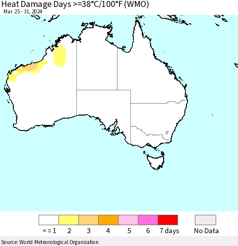 Australia Heat Damage Days >=38°C/100°F (WMO) Thematic Map For 3/25/2024 - 3/31/2024