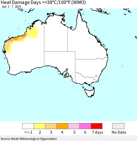 Australia Heat Damage Days >=38°C/100°F (WMO) Thematic Map For 4/1/2024 - 4/7/2024