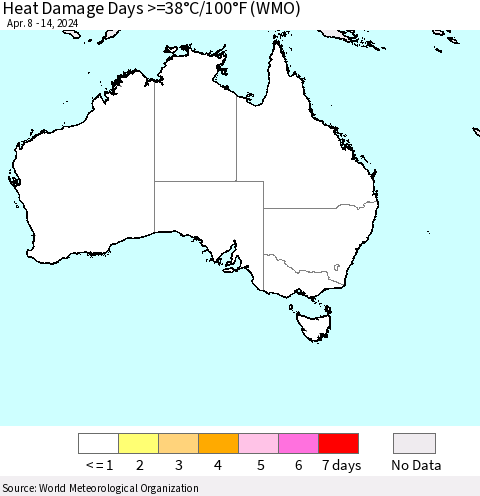 Australia Heat Damage Days >=38°C/100°F (WMO) Thematic Map For 4/8/2024 - 4/14/2024