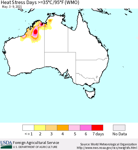 Australia Heat Stress Days >=35°C/95°F (WMO) Thematic Map For 5/3/2021 - 5/9/2021