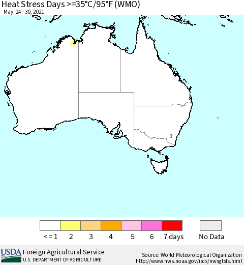 Australia Heat Stress Days >=35°C/95°F (WMO) Thematic Map For 5/24/2021 - 5/30/2021