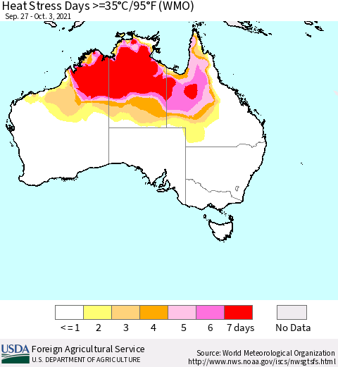 Australia Heat Stress Days >=35°C/95°F (WMO) Thematic Map For 9/27/2021 - 10/3/2021