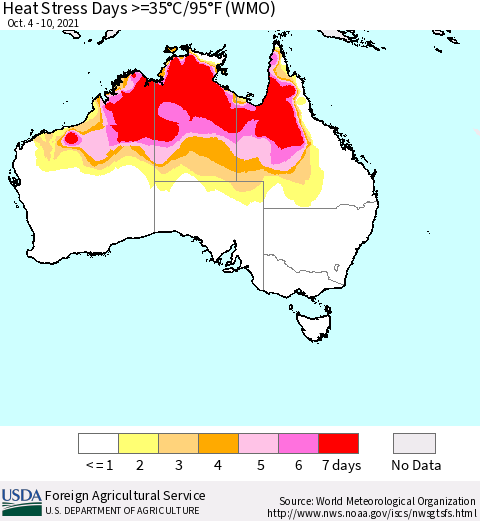 Australia Heat Stress Days >=35°C/95°F (WMO) Thematic Map For 10/4/2021 - 10/10/2021