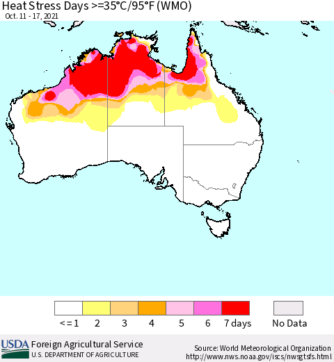Australia Heat Stress Days >=35°C/95°F (WMO) Thematic Map For 10/11/2021 - 10/17/2021