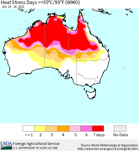 Australia Heat Stress Days >=35°C/95°F (WMO) Thematic Map For 10/18/2021 - 10/24/2021