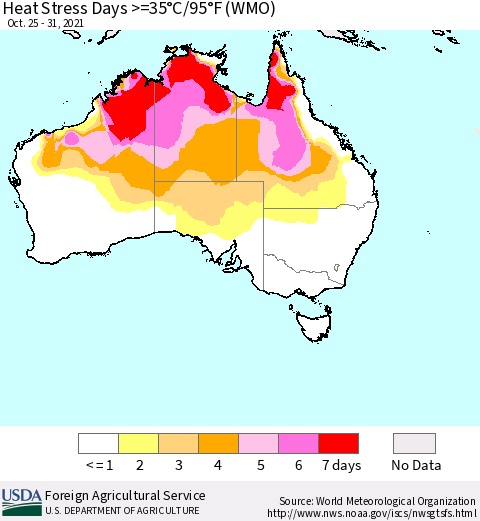 Australia Heat Stress Days >=35°C/95°F (WMO) Thematic Map For 10/25/2021 - 10/31/2021