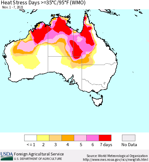 Australia Heat Stress Days >=35°C/95°F (WMO) Thematic Map For 11/1/2021 - 11/7/2021