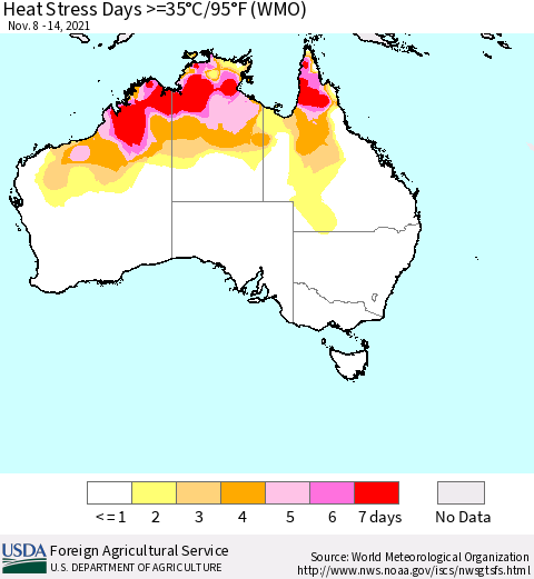 Australia Heat Stress Days >=35°C/95°F (WMO) Thematic Map For 11/8/2021 - 11/14/2021