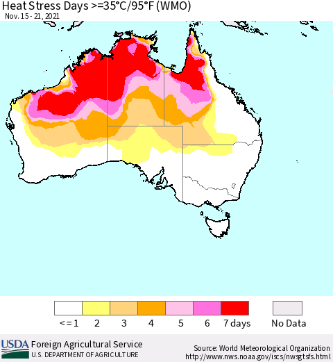 Australia Heat Stress Days >=35°C/95°F (WMO) Thematic Map For 11/15/2021 - 11/21/2021