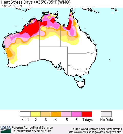 Australia Heat Stress Days >=35°C/95°F (WMO) Thematic Map For 11/22/2021 - 11/28/2021
