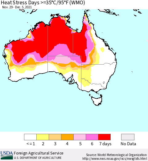 Australia Heat Stress Days >=35°C/95°F (WMO) Thematic Map For 11/29/2021 - 12/5/2021