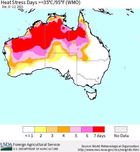 Australia Heat Stress Days >=35°C/95°F (WMO) Thematic Map For 12/6/2021 - 12/12/2021