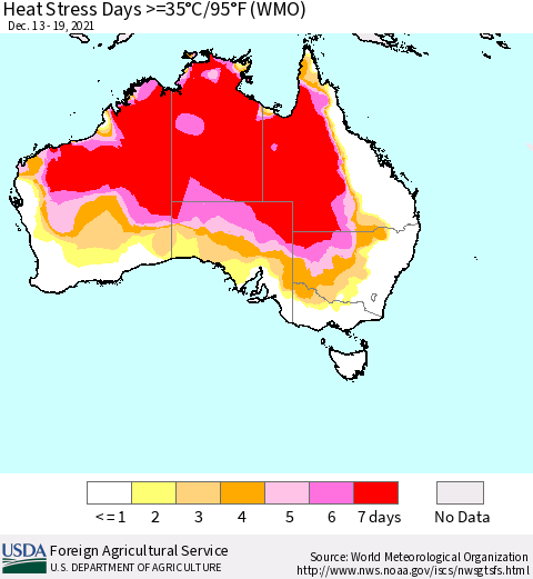 Australia Heat Stress Days >=35°C/95°F (WMO) Thematic Map For 12/13/2021 - 12/19/2021
