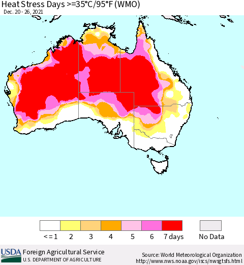 Australia Heat Stress Days >=35°C/95°F (WMO) Thematic Map For 12/20/2021 - 12/26/2021