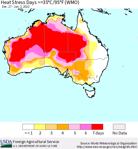 Australia Heat Stress Days >=35°C/95°F (WMO) Thematic Map For 12/27/2021 - 1/2/2022