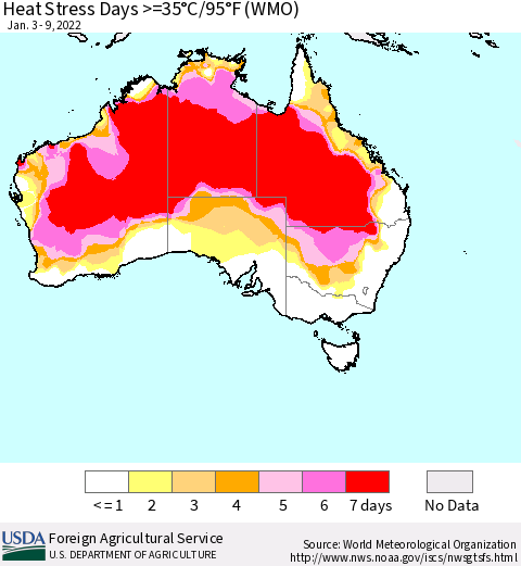 Australia Heat Stress Days >=35°C/95°F (WMO) Thematic Map For 1/3/2022 - 1/9/2022