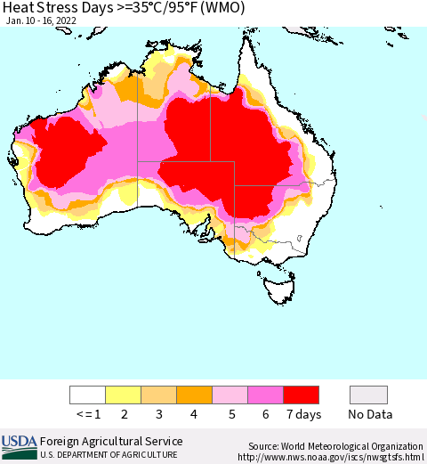 Australia Heat Stress Days >=35°C/95°F (WMO) Thematic Map For 1/10/2022 - 1/16/2022