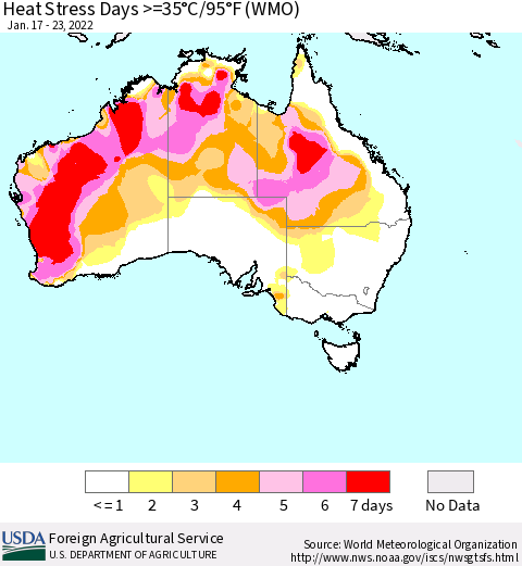 Australia Heat Stress Days >=35°C/95°F (WMO) Thematic Map For 1/17/2022 - 1/23/2022