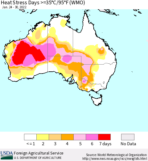 Australia Heat Stress Days >=35°C/95°F (WMO) Thematic Map For 1/24/2022 - 1/30/2022