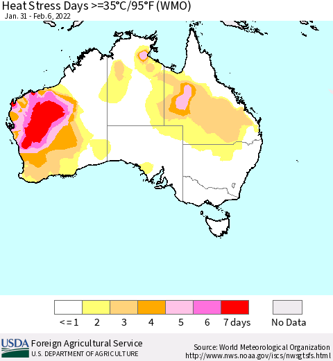 Australia Heat Stress Days >=35°C/95°F (WMO) Thematic Map For 1/31/2022 - 2/6/2022