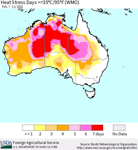 Australia Heat Stress Days >=35°C/95°F (WMO) Thematic Map For 2/7/2022 - 2/13/2022