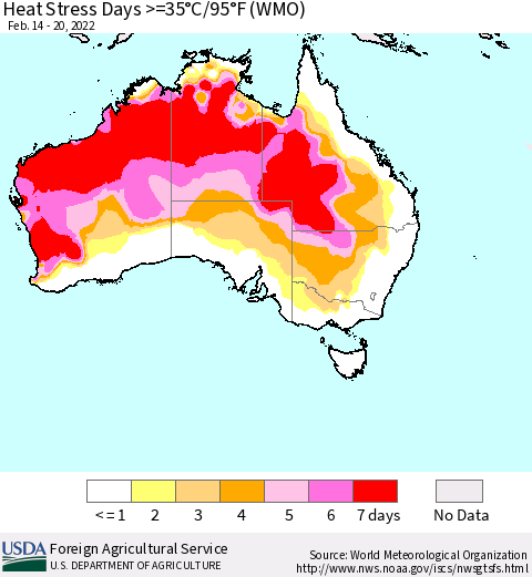 Australia Heat Stress Days >=35°C/95°F (WMO) Thematic Map For 2/14/2022 - 2/20/2022