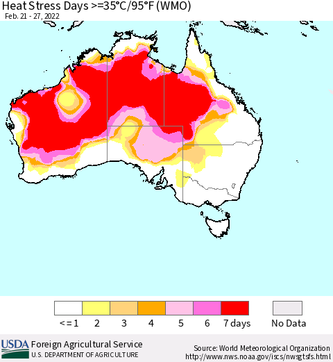 Australia Heat Stress Days >=35°C/95°F (WMO) Thematic Map For 2/21/2022 - 2/27/2022