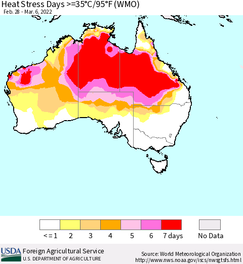 Australia Heat Stress Days >=35°C/95°F (WMO) Thematic Map For 2/28/2022 - 3/6/2022