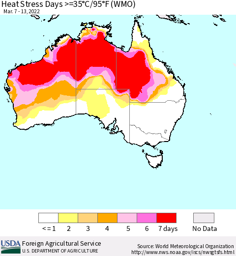 Australia Heat Stress Days >=35°C/95°F (WMO) Thematic Map For 3/7/2022 - 3/13/2022