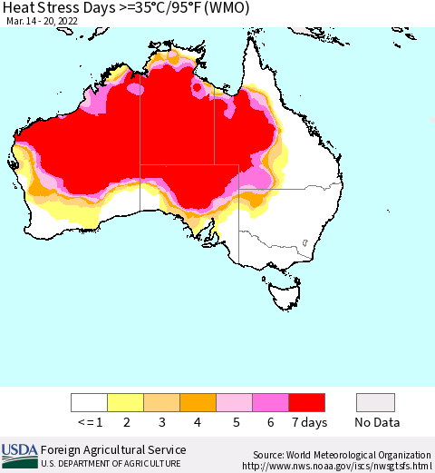 Australia Heat Stress Days >=35°C/95°F (WMO) Thematic Map For 3/14/2022 - 3/20/2022