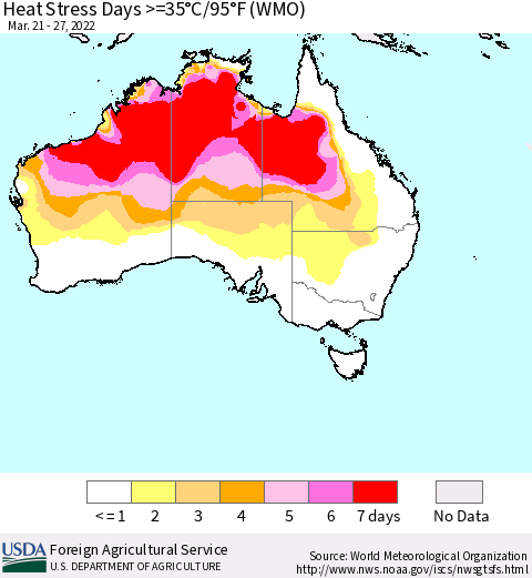 Australia Heat Stress Days >=35°C/95°F (WMO) Thematic Map For 3/21/2022 - 3/27/2022