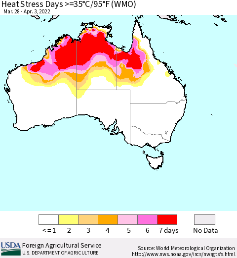 Australia Heat Stress Days >=35°C/95°F (WMO) Thematic Map For 3/28/2022 - 4/3/2022