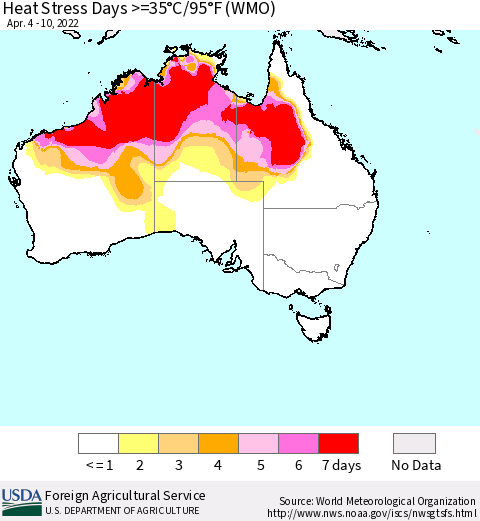 Australia Heat Stress Days >=35°C/95°F (WMO) Thematic Map For 4/4/2022 - 4/10/2022