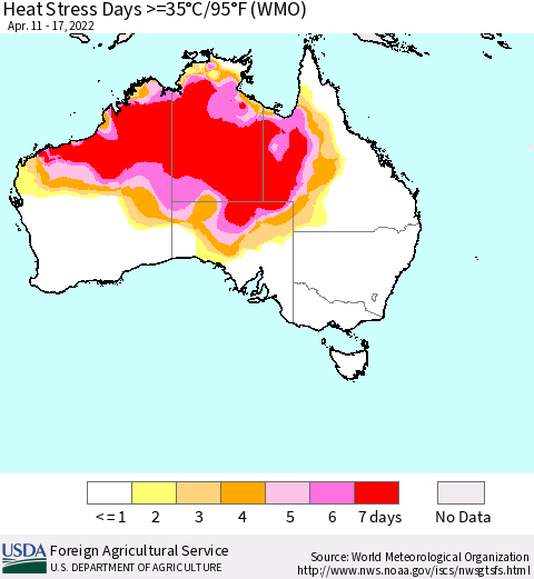 Australia Heat Stress Days >=35°C/95°F (WMO) Thematic Map For 4/11/2022 - 4/17/2022
